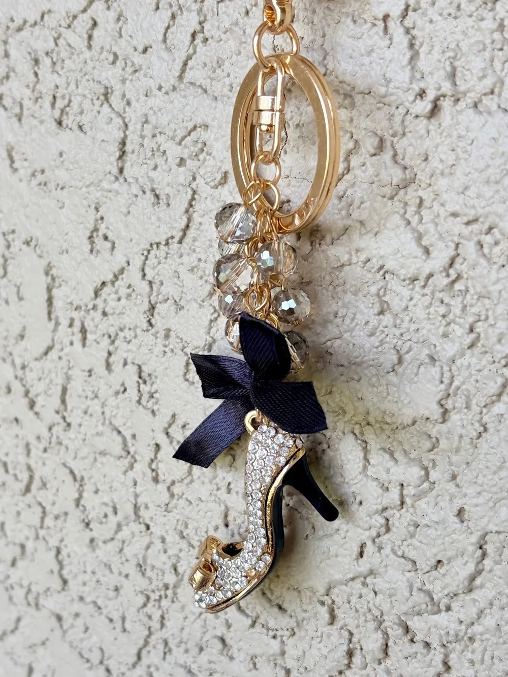 Gold Rhinestone High Heel Keychain with Black Bow & Faceted Crystals